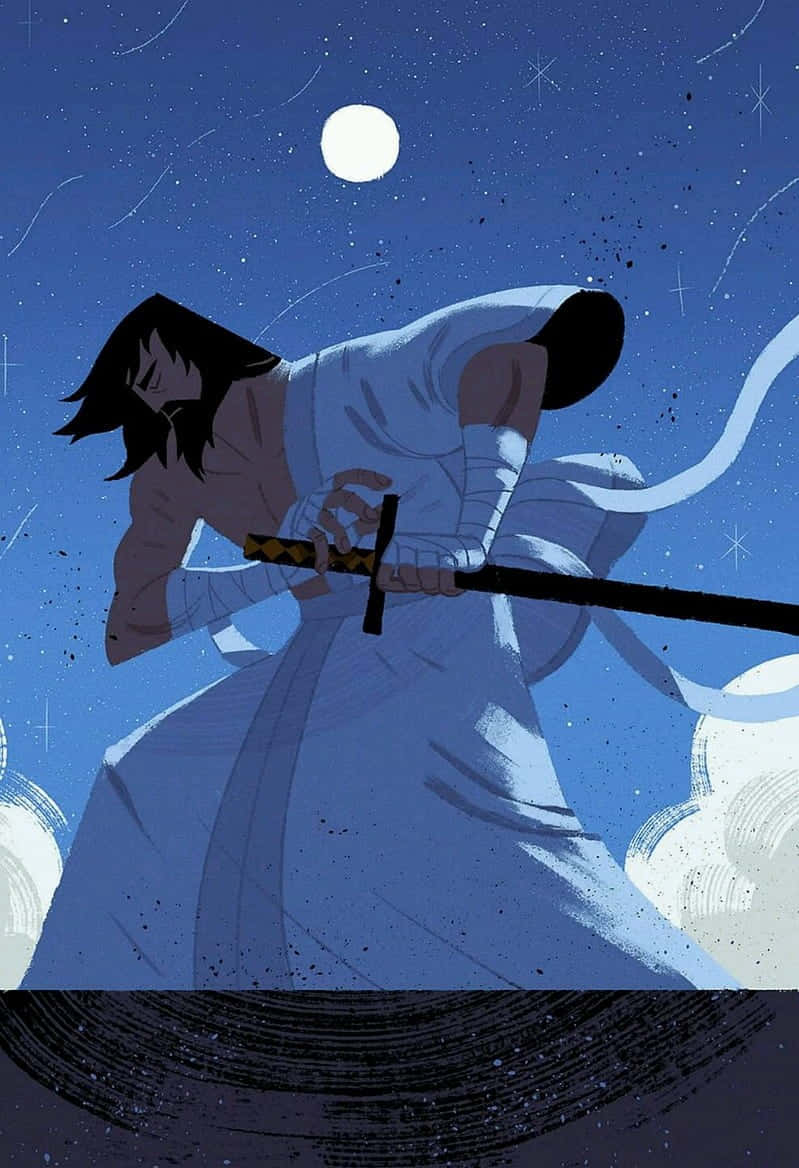 動漫《武士傑克》月光下長髮壁紙 壁紙 — 一位孤獨的劍客身穿飄逸白袍，在滿月下、繁星點點的夜空中擺好姿勢。