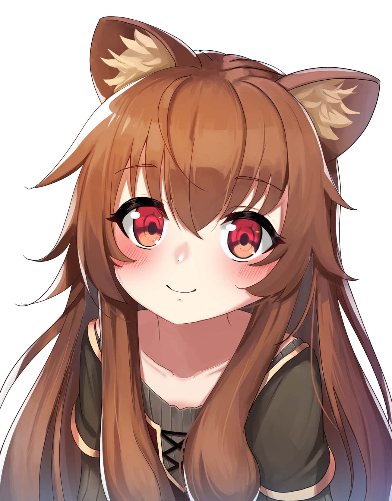 動漫《盾之勇者成名录》中的拉菲塔莉 壁紙 — 一個開心的動漫女孩，長著棕色貓耳和紅色眼睛，在純白色背景前溫暖地微笑。