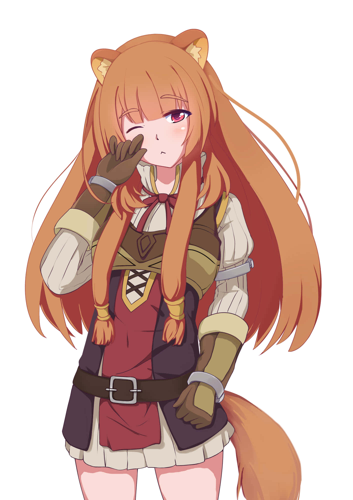 動漫《盾之勇者成名录》中的拉菲塔莉 壁紙 — 一個開心的動漫女孩，有狐狸耳朵和尾巴，穿著詳細的冒險家服裝，頑皮地眨眼。