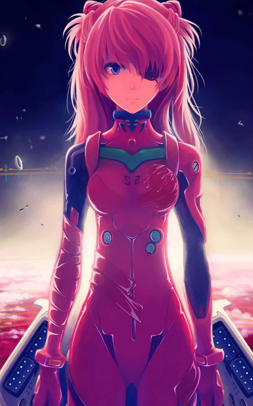 動漫《福音戰士：死與新生》惣流·明日香·蘭格雷 壁紙 — 一位粉紅色頭髮的動漫女孩穿著紅色Eva飛行服，自信地站在發光的宇宙背景前。