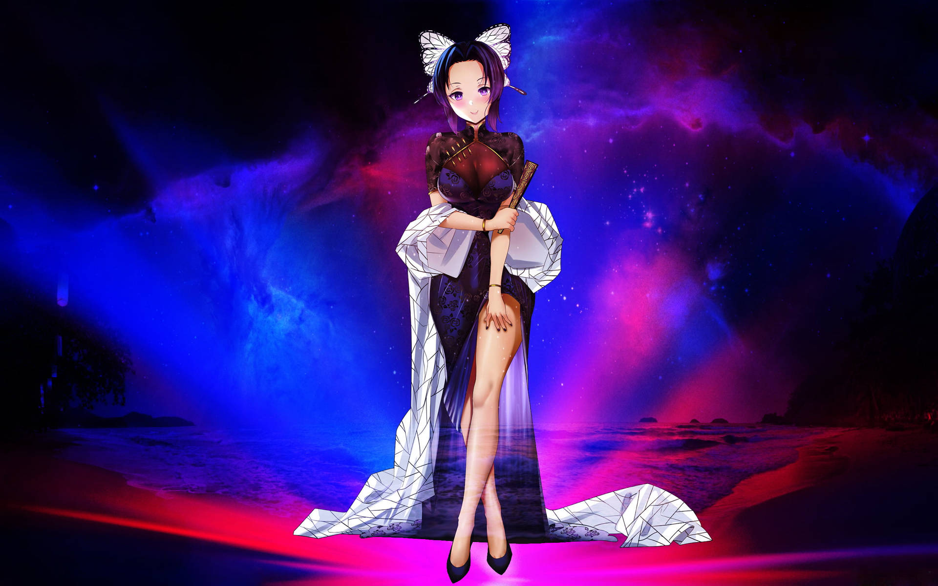 穿著幾何和服的動漫角色，背景是發光的宇宙星雲。
