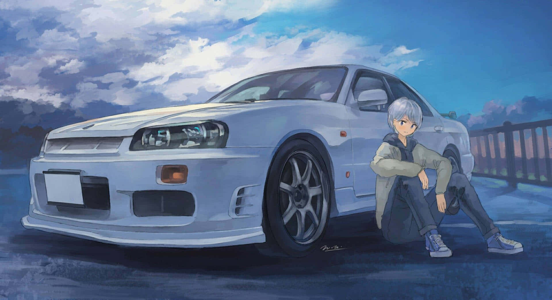動漫世界中的高級賽車 壁紙 — 一架銀色跑車停泊在一個年輕動漫男孩旁邊，他坐在人行道上，天空多雲，暮色蒼茫。