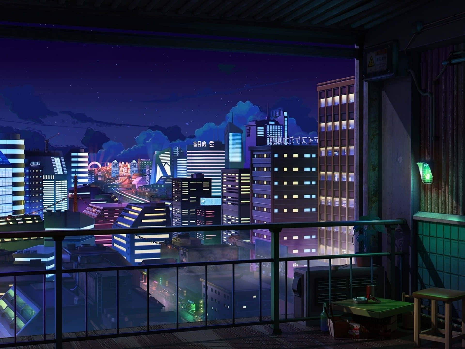 陽台俯瞰夜晚霓虹燈照亮的城市，有發光的建築物和潮濕的街道。