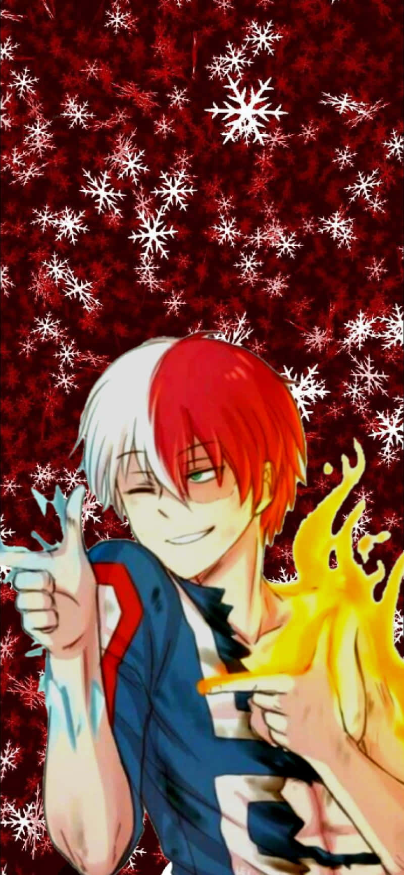 動漫世界的聖誕節來了！ 壁紙 — 動畫男孩，紅白頭髮，在雪紅背景中揮舞冰與火。