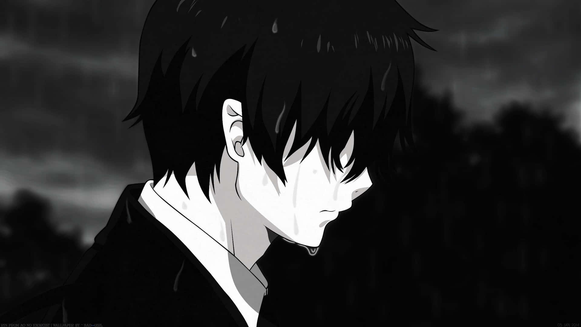 一個悲傷的動漫男孩在雨中哭泣，身後有烏雲。