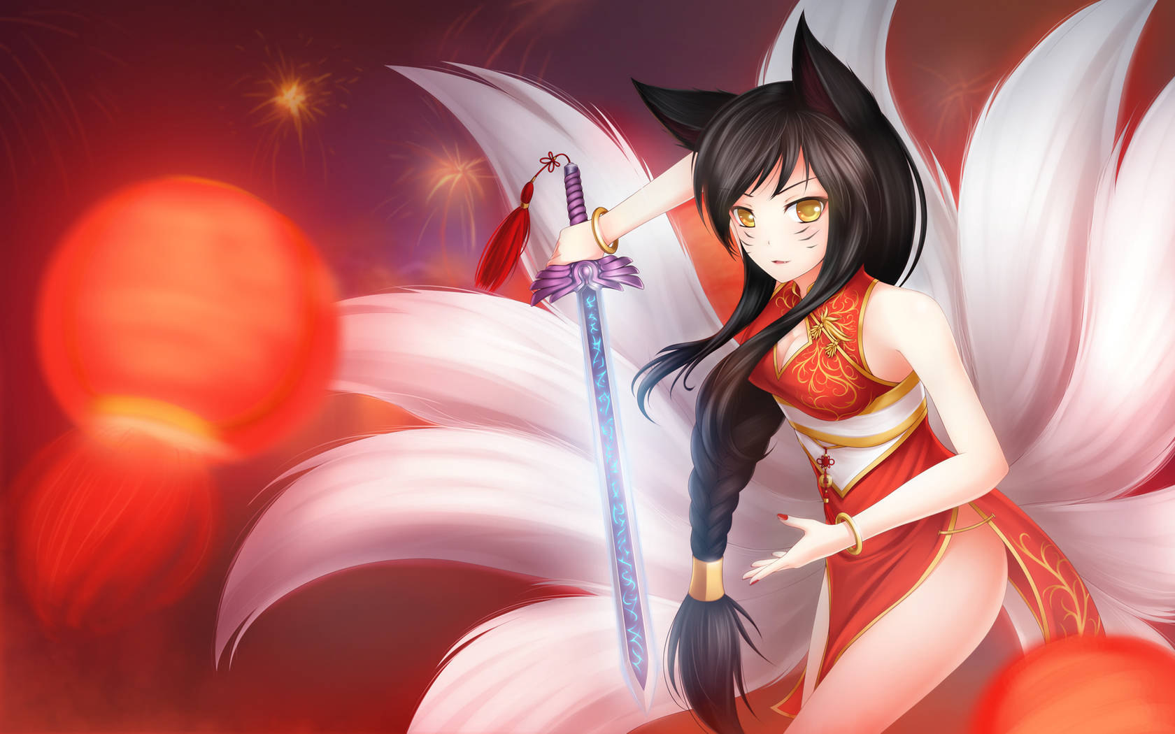 動畫狐女戰士身穿紅裙，手持發光劍，伴隨著燈籠和煙火。