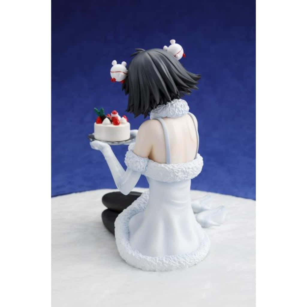 Mayuri Shiina 桌布 壁紙 — 動漫公仔，一個穿著白色連衣裙的女孩跪著，頭上戴著可愛的動物耳朵，拿著草莓蛋糕。
