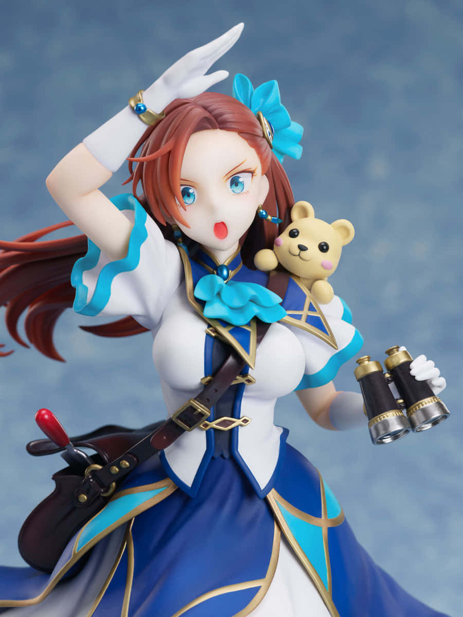 My Next Life As A Villainess All Routes Lead To Doom 桌布 壁紙 — 動漫公仔，一個驚訝的紅髮女孩穿著藍白相間的服裝，手持望遠鏡和泰迪熊。
