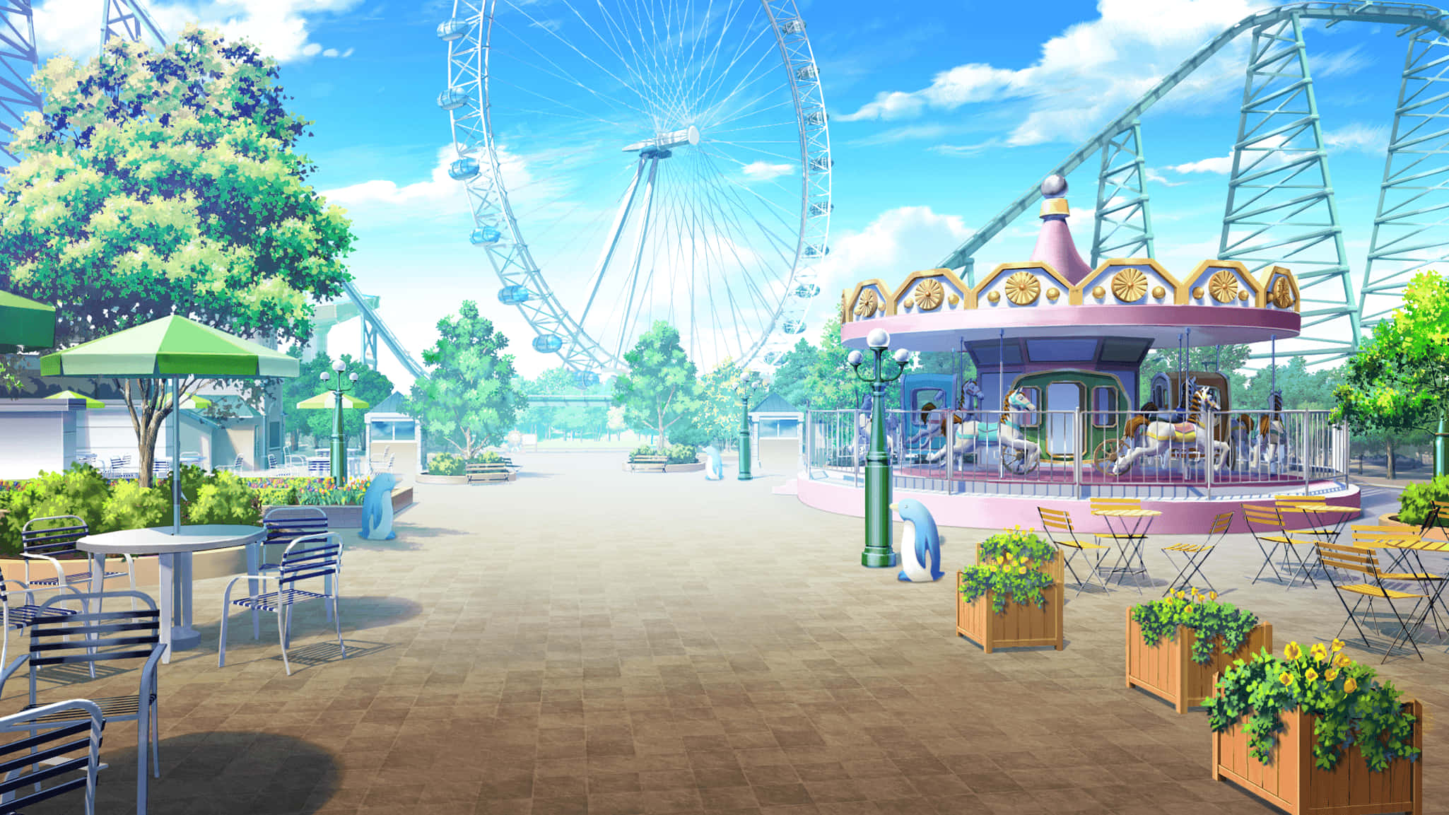 動漫公園休閒浪漫背景 壁紙 — 一個晴朗的日子，在遊樂園裡有巨大的摩天輪、色彩繽紛的旋轉木馬，以及綠色遮陽傘下的戶外咖啡桌。