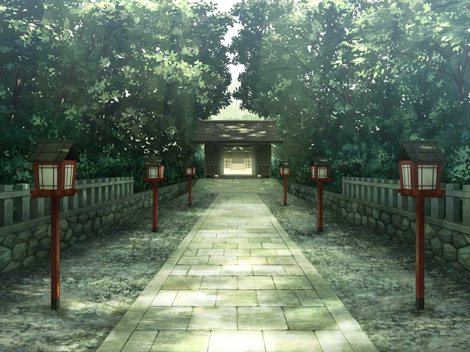 動漫公園燈籠神社背景 壁紙 — 一條寧靜的石徑兩旁掛滿紅色燈籠，通往隱藏在翠綠森林中的傳統木造神社。