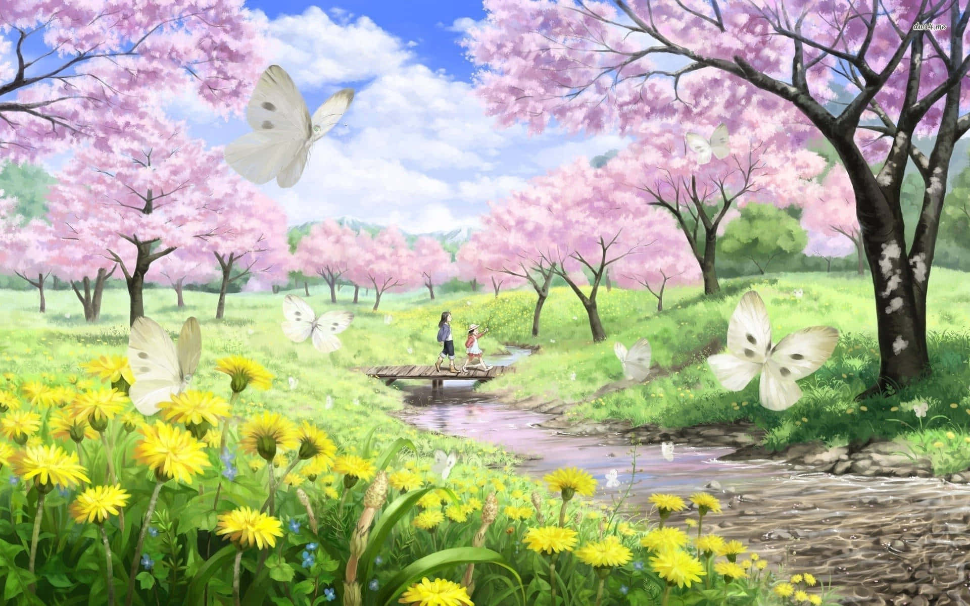 動漫公園蒲公英櫻花背景 壁紙 — 兩個人物在盛開的粉紅色櫻花樹下的木橋上漫步，白色蝴蝶在鮮黃色的蒲公英間飛舞。