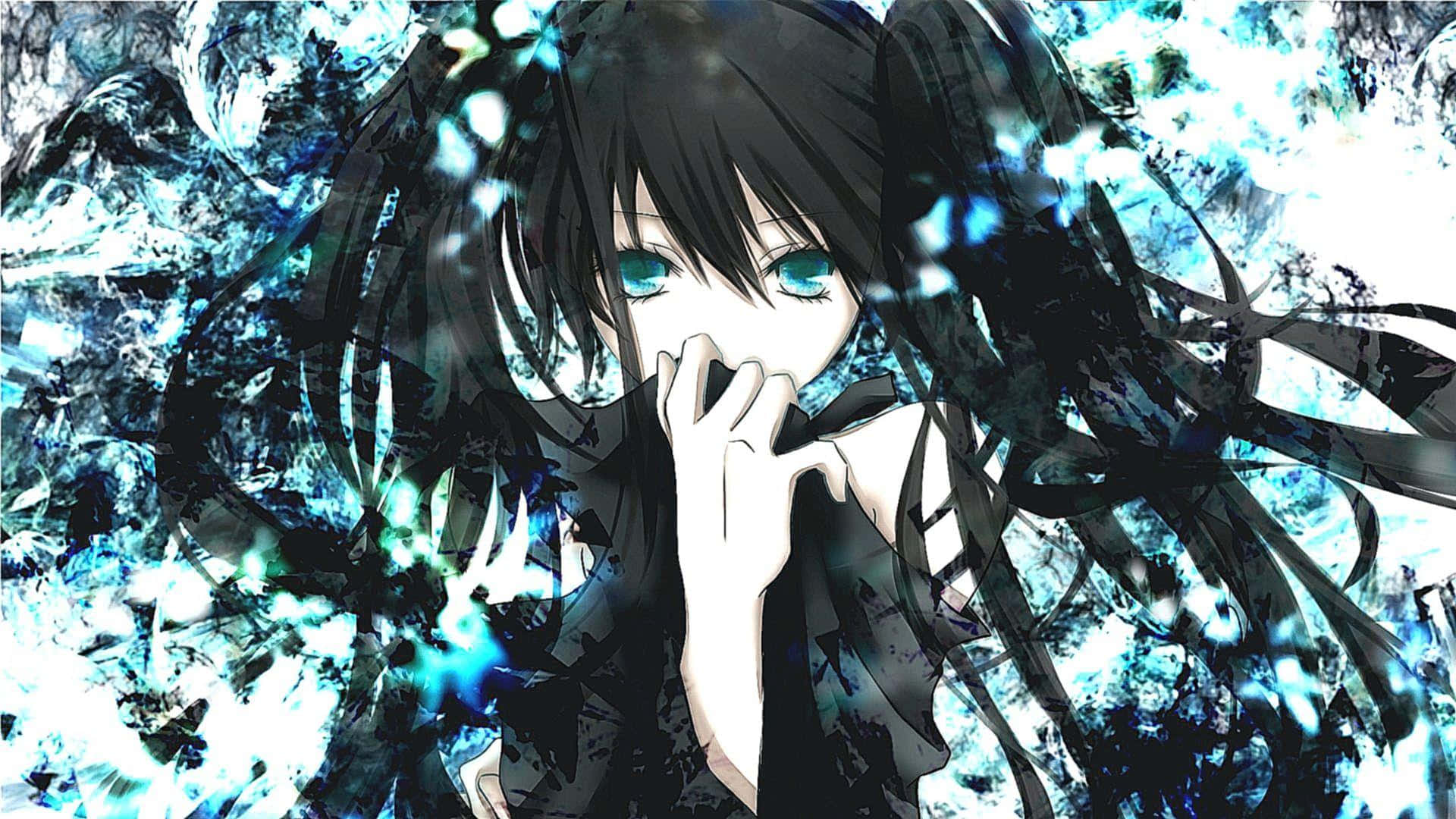 動漫初音未來黑髮藝術海報 壁紙 — 一個令人難忘的動漫女孩，黑髮和發光的藍眼睛，在旋轉的藍色和白色能量粒子中隱藏她的嘴。