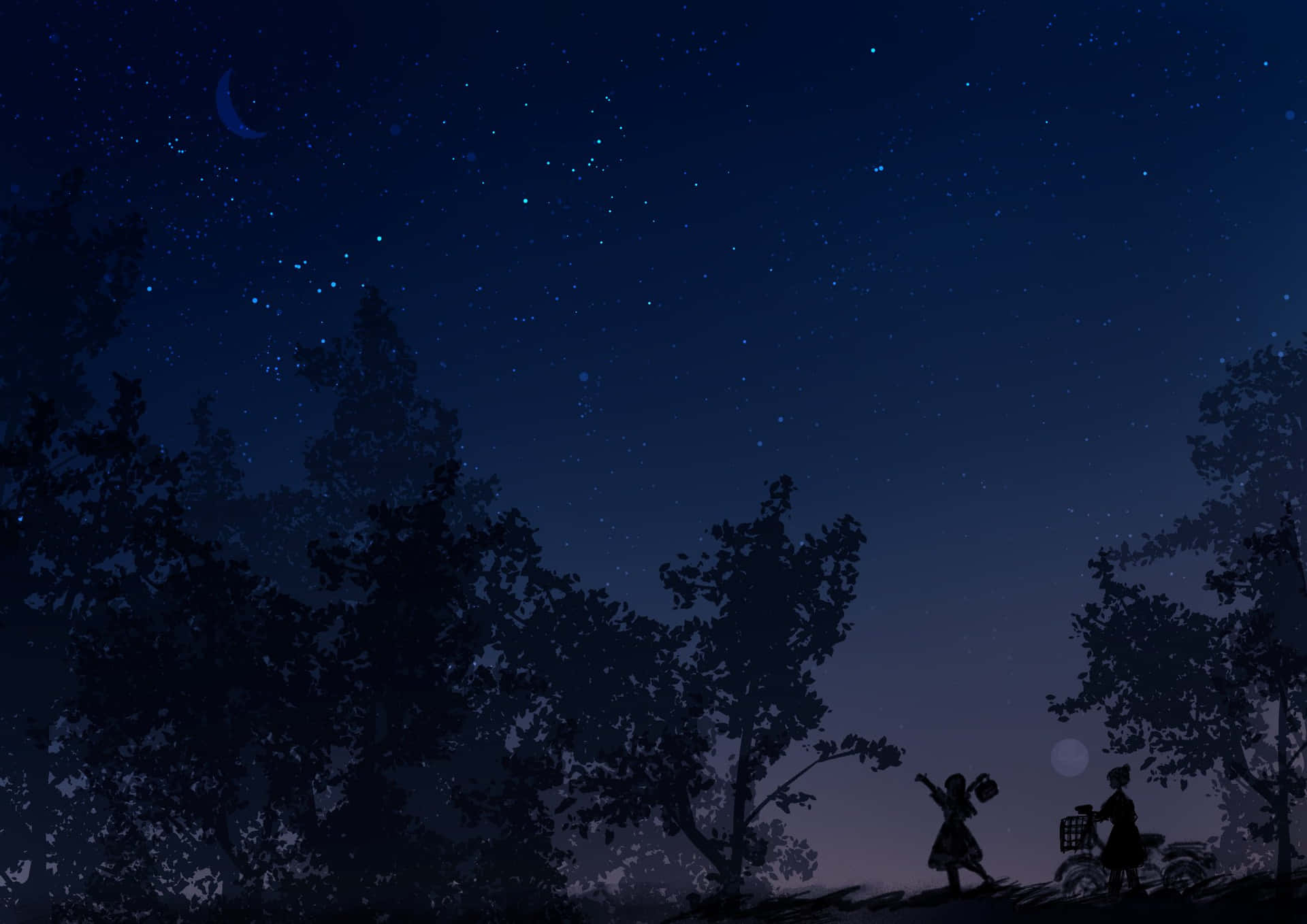 動漫剪影夜景 壁紙 — 兩個剪影人物在星空下穿過森林，天空有一彎新月。