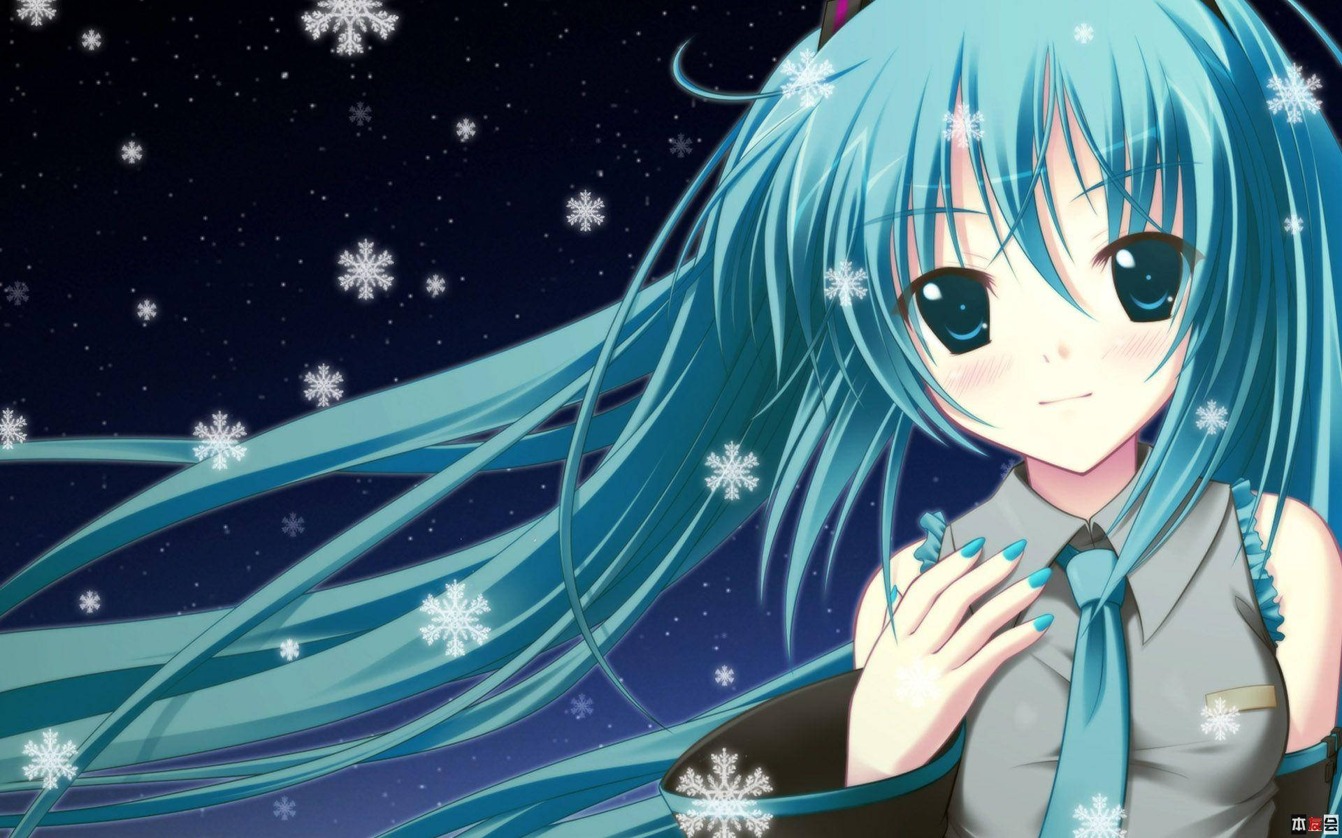 動畫女孩，青色頭髮和雪花在繁星點點的夜空。