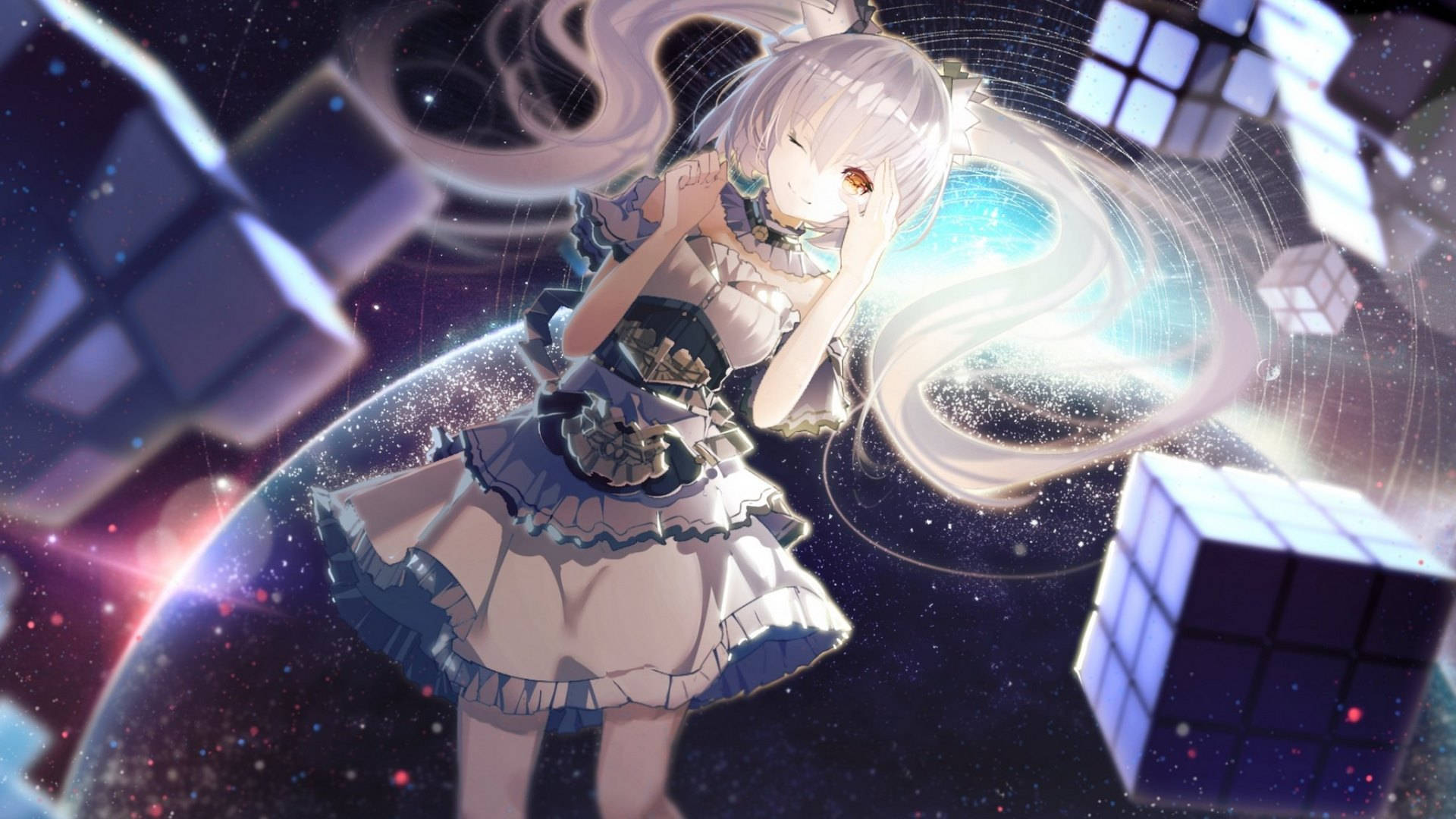 銀髮動畫女孩在星光太空漂浮於發光立方體之間。