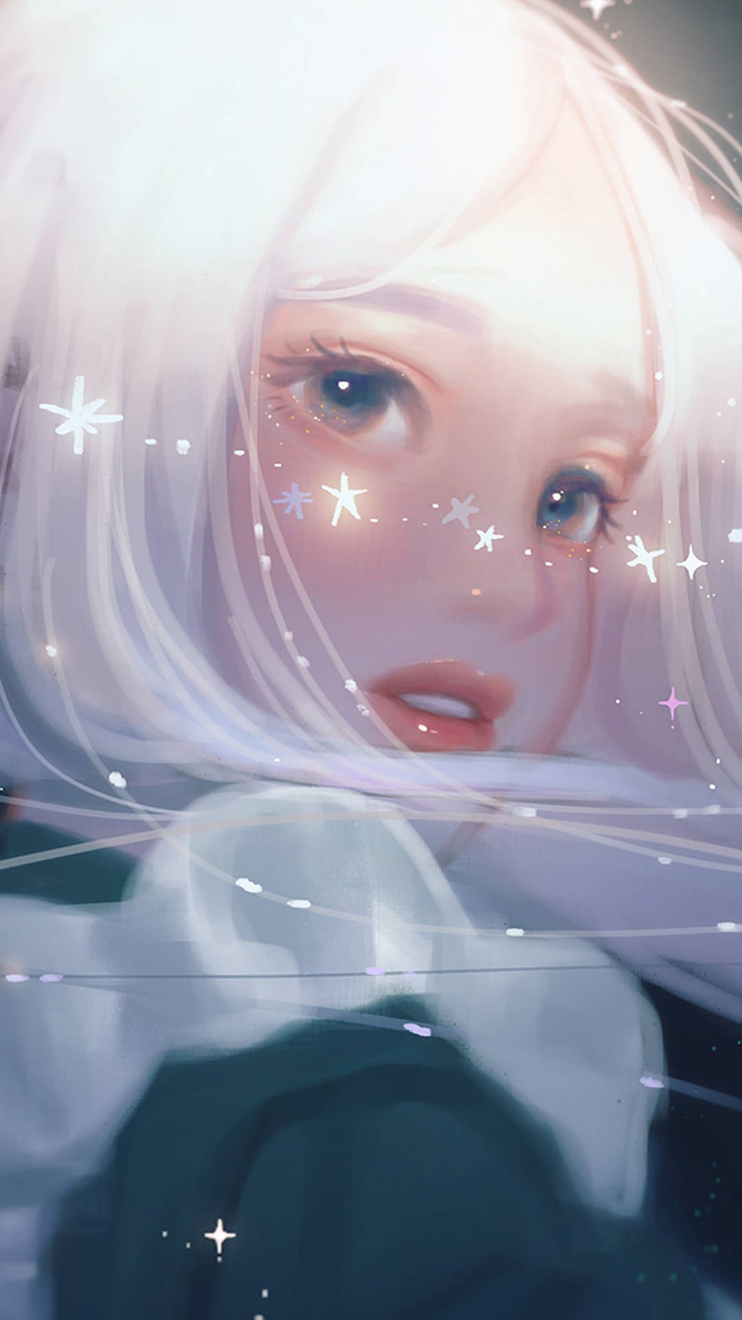 白髮動漫少女與漂浮的星星，在夢幻的粉彩場景中。