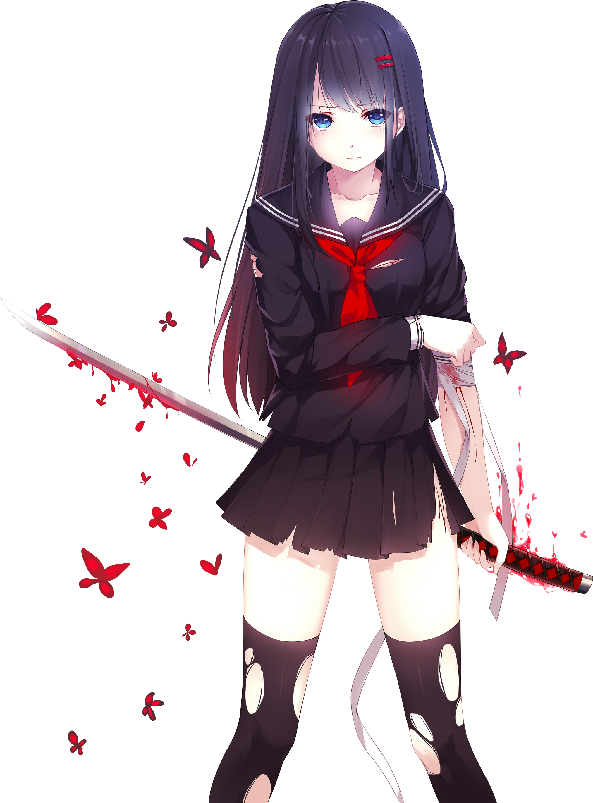 動漫吸血鬼少女持劍與蝴蝶 壁紙 — 動漫少女身穿黑色水手服，手持沾血的武士刀，紅色蝴蝶在她周圍飛舞，背景為白色。