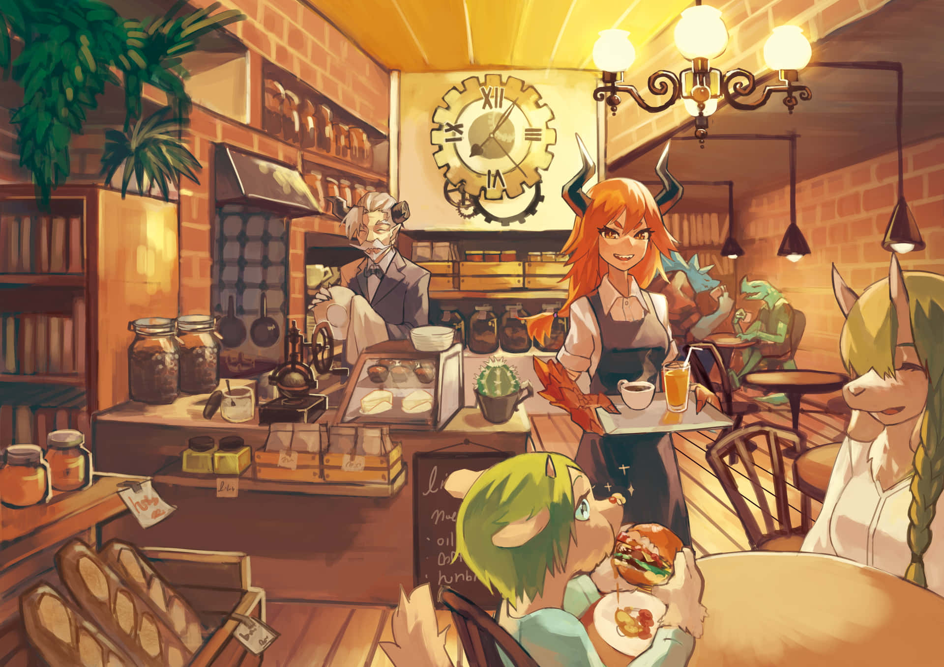 擬人化角色在舒適的磚牆咖啡館用餐，燈光溫暖，有糕點。