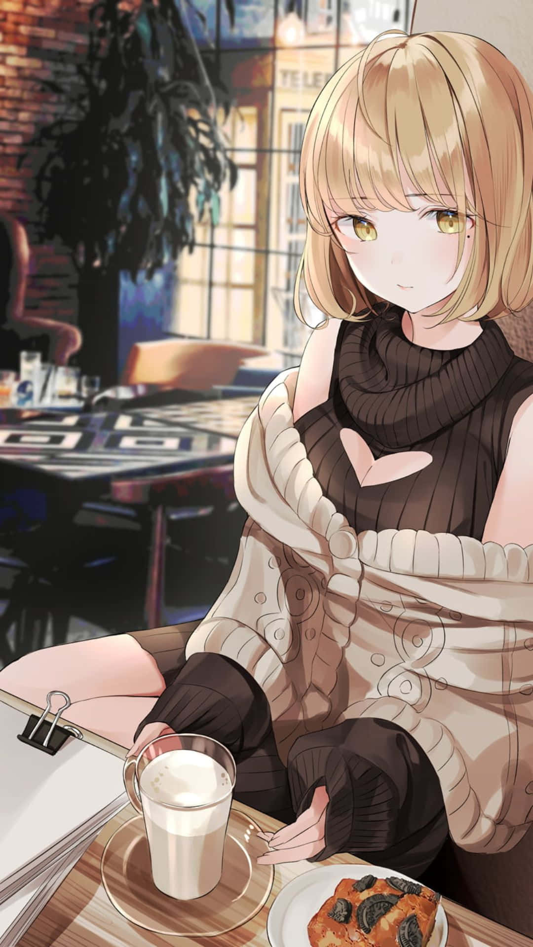 金髮動漫女孩在咖啡館享用咖啡和糕點。