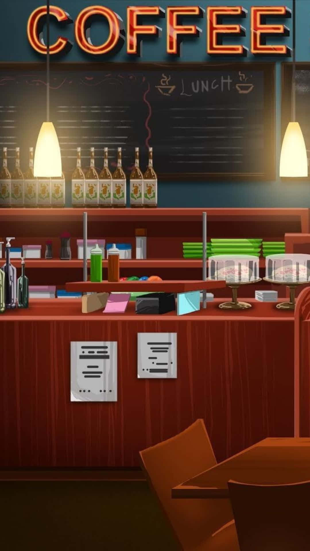 動漫咖啡廳菜單櫃檯背景 壁紙 — 溫暖燈光的復古咖啡店內部，設有木製櫃檯、霓虹燈招牌和黑板菜單。
