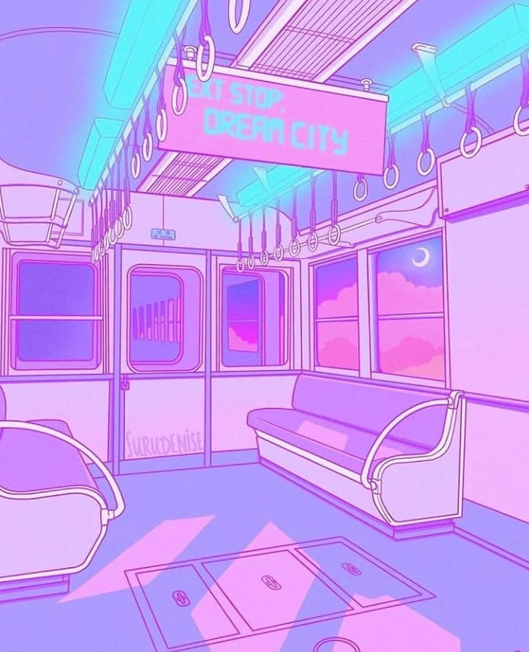 動漫地鐵柔和紫色背景 壁紙 — 霓虹粉紅和紫色插圖的地鐵車廂內部，新月下有一個寫著「下一站夢想之城」的標誌。