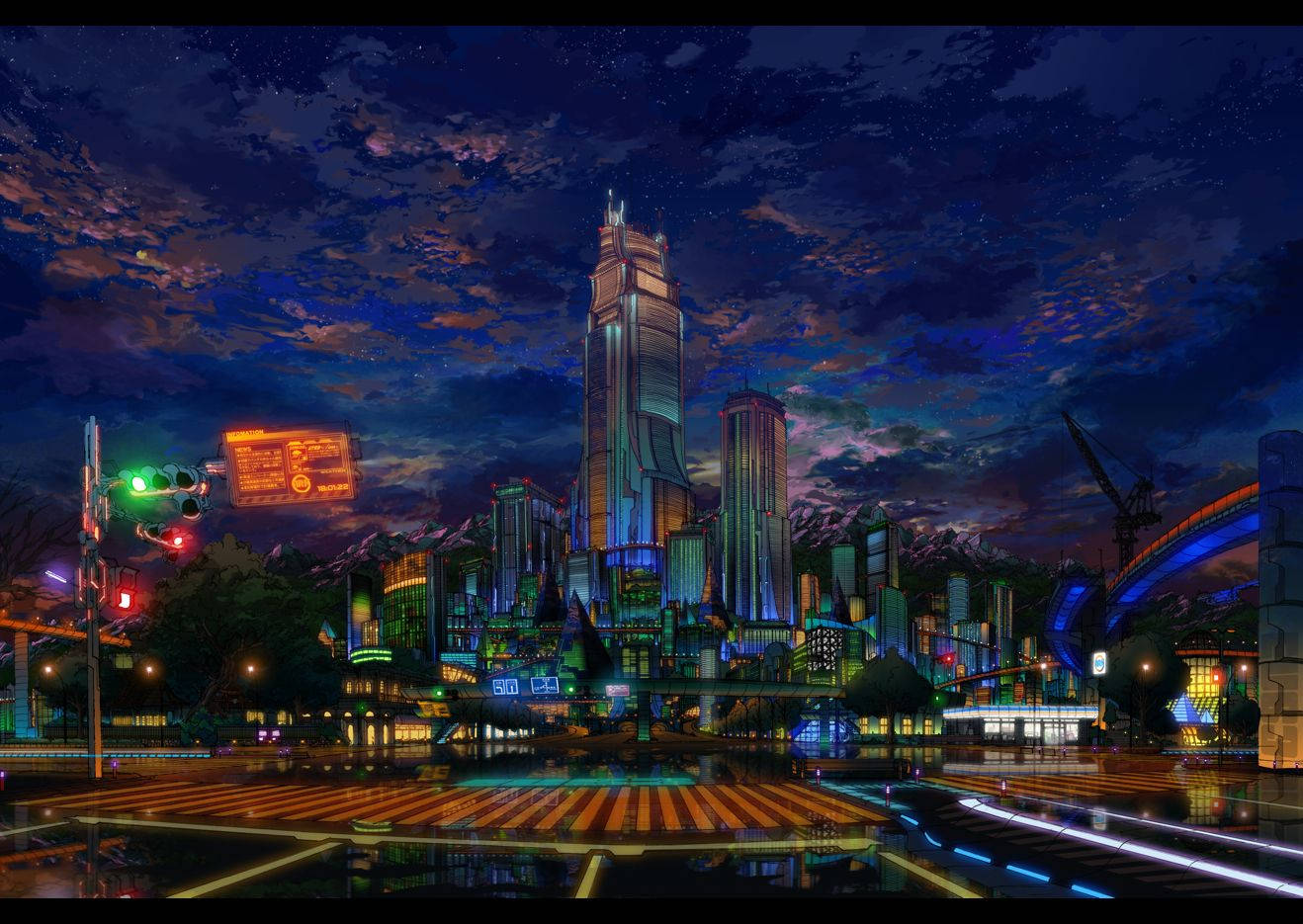 未來城市夜景，霓虹燈和星空倒映在濕漉漉的人行道上。