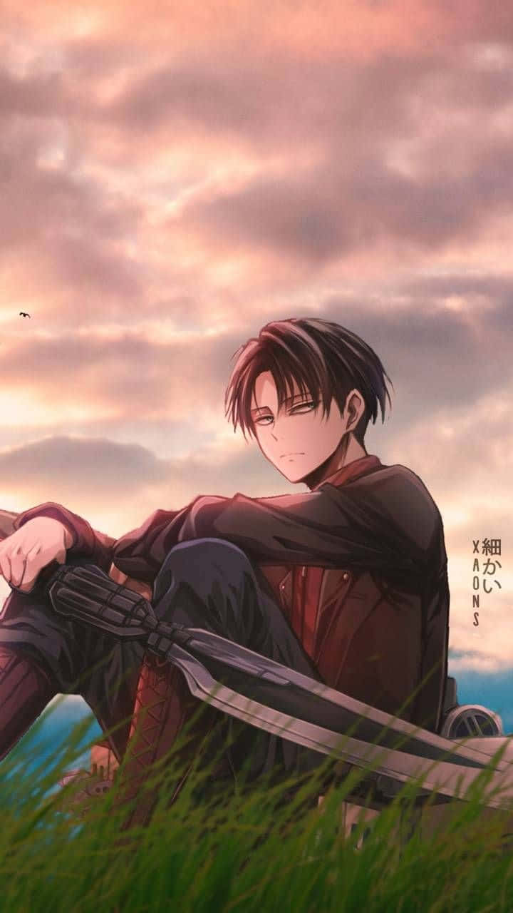 動漫士兵的決心——利威伊·阿克曼 壁紙 — 一位年輕的動漫戰士坐在高高的草叢中，手持劍，背景是柔和的粉紅色和橙色日落天空。