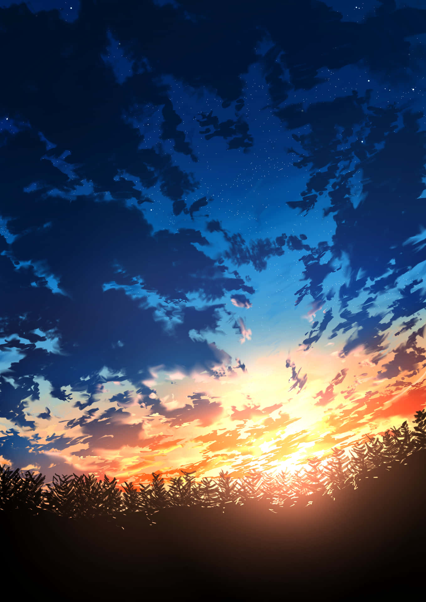 夕陽天空，橙色雲朵和星星在黑暗的樹木線之上。