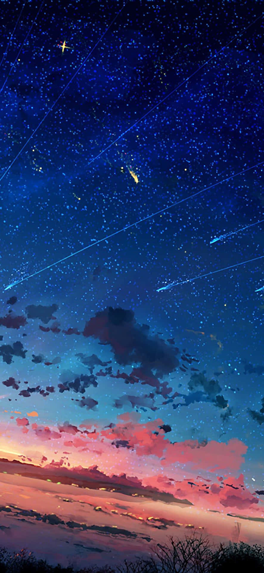 流星和星星在暮色天空中劃過，下方是剪影般的雲層和樹木。 — 背景 壁紙