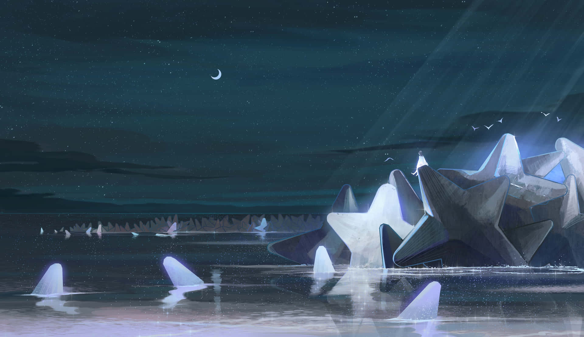 動漫夜景星空岩石 壁紙 — 寧靜的夜景，星形冰山漂浮在平靜的水面上，新月和星空下。