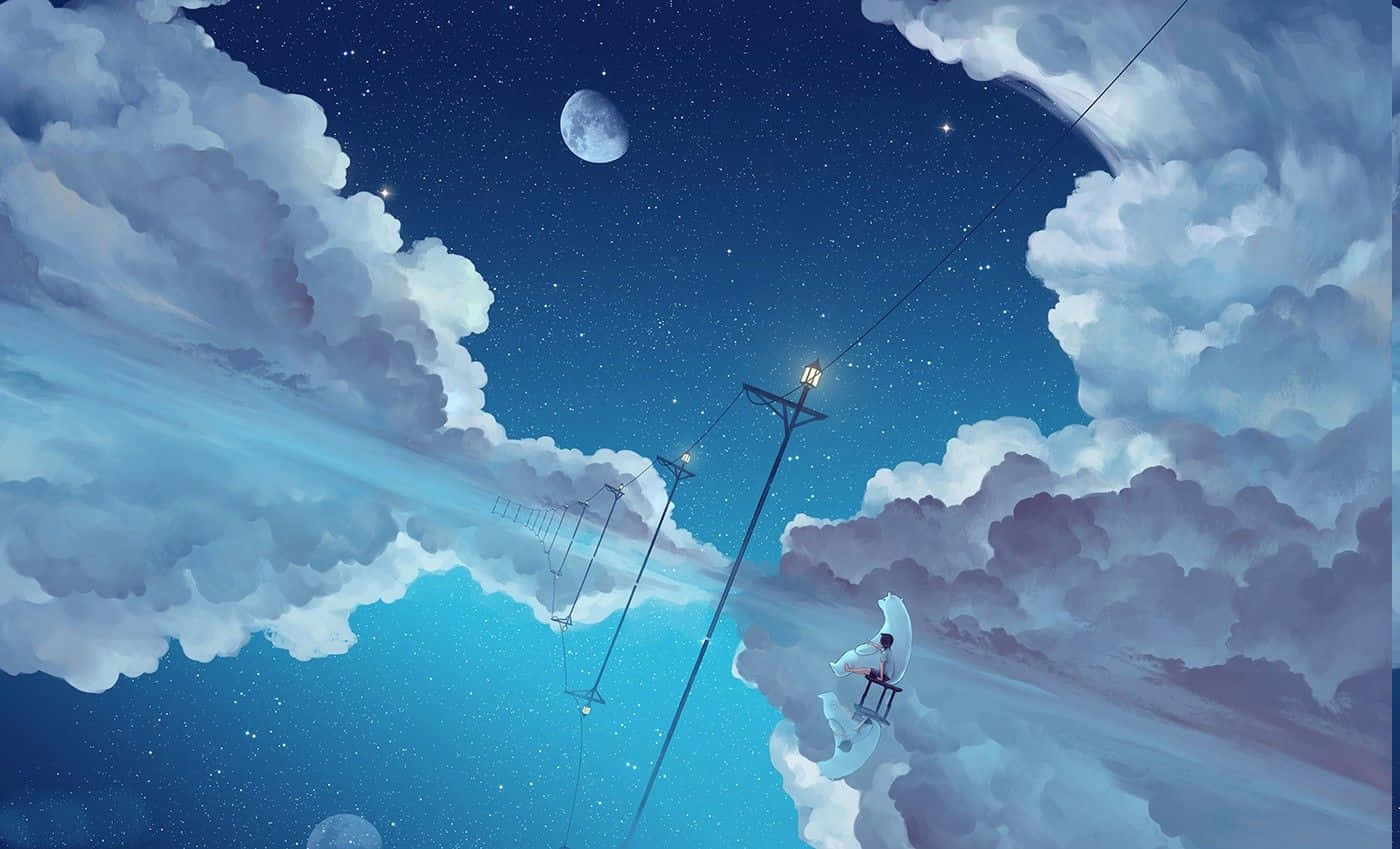 一個人在繁星點點的夜空的雲上，有街燈和新月。