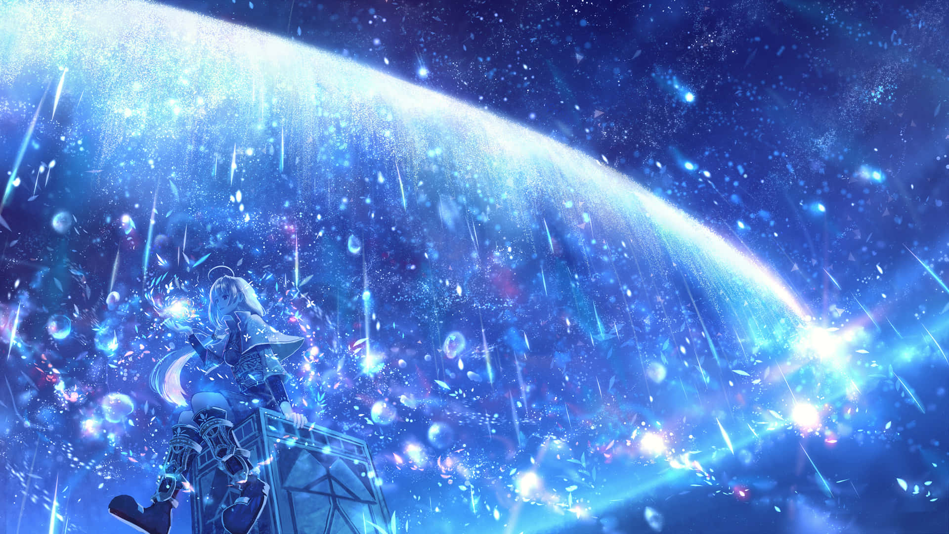 動漫夜空流星 壁紙 — 一個孤獨的動漫女孩站在一個結構頂部，下方是發光的宇宙拱門，閃爍的粒子以鮮豔的藍色和紫色如雨般落下。