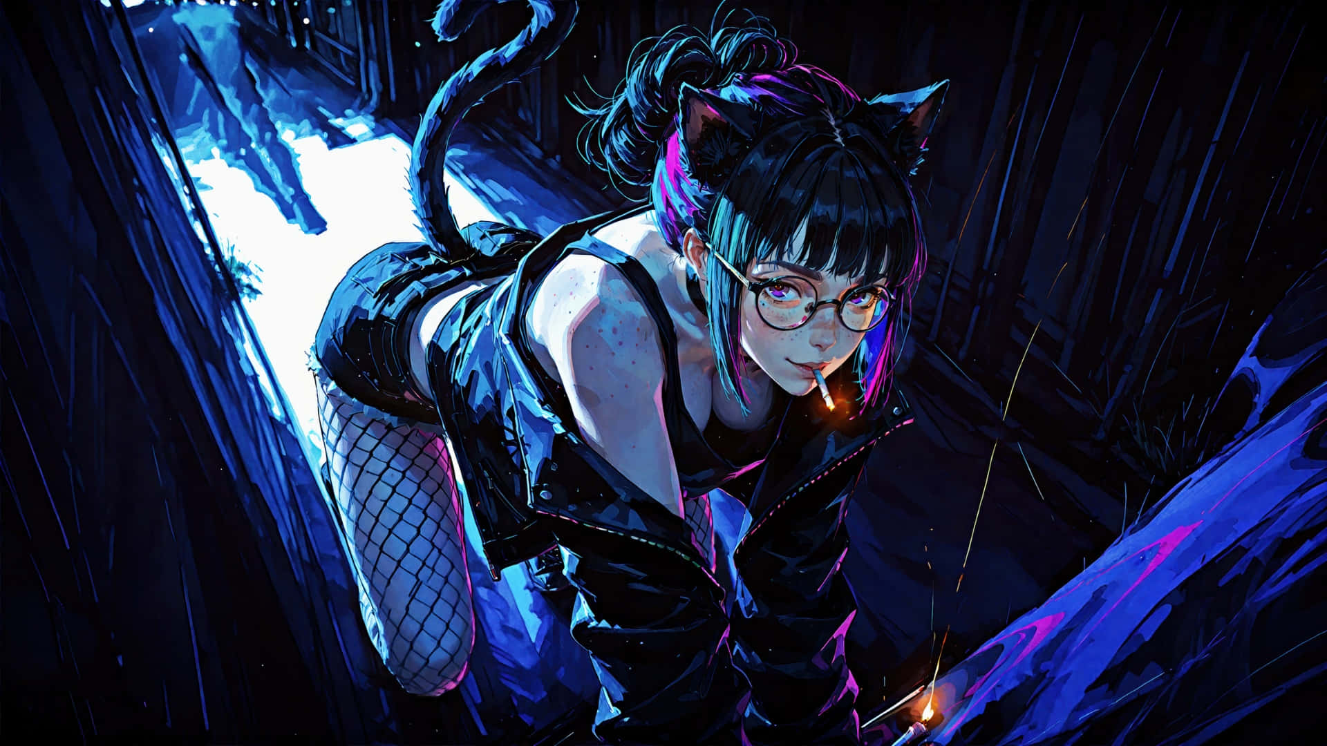 動漫夜色煙霧少女 壁紙 — 一個有貓耳和尾巴的賽博龐克動漫女孩在夜晚霓虹燈閃爍的小巷裡抽煙。