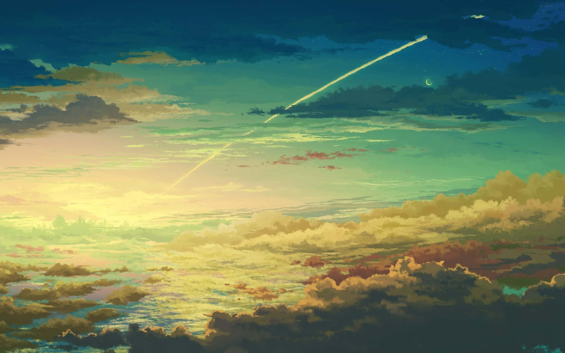 動漫天空的絕美風景 壁紙 — 充滿活力的動漫黃昏天空，流星在青綠、金色和粉紅色的層雲上劃過發光。