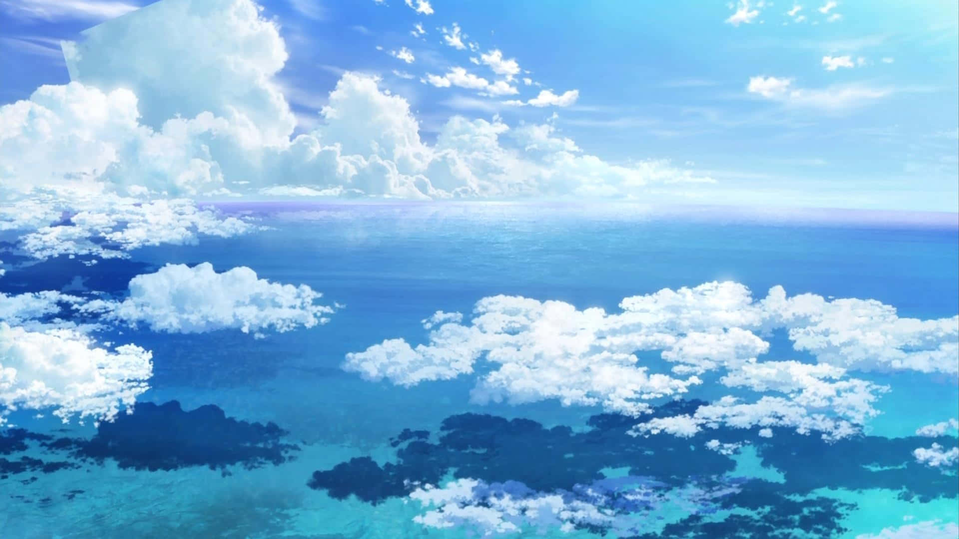 動漫風格的雲朵漂浮在藍色海洋之上，陽光普照。