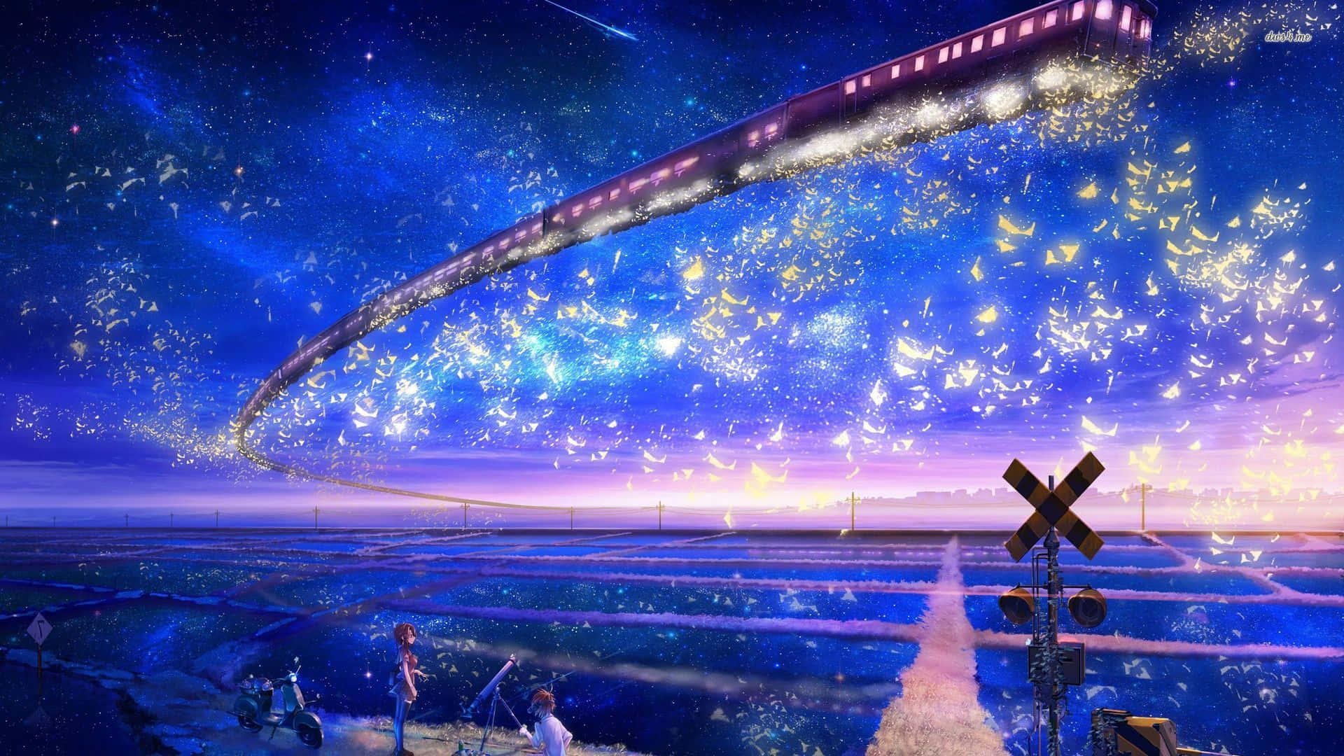 一列發光的火車在星空中彎曲穿過田野上空，兩個人從下方觀看。