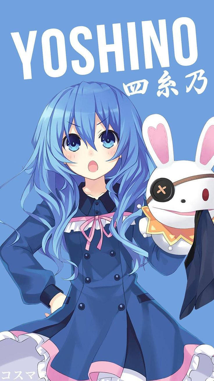 藍色頭髮的動漫女孩抱著一隻戴眼罩的兔子毛絨玩具。