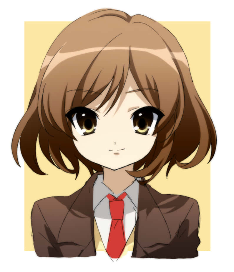 Haruhi Sasaki 桌布 壁紙 — 動漫女孩，棕色波波頭，大眼睛，穿著棕色西裝外套、白色襯衫和紅色領帶，背景為柔和黃色。