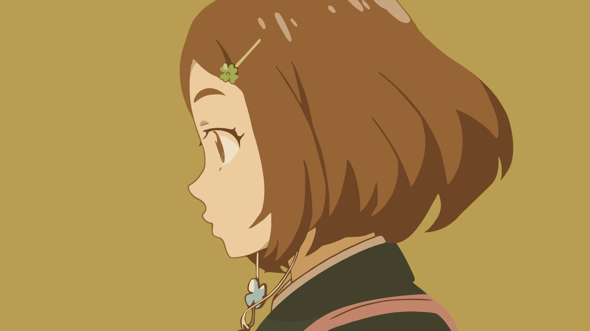 Flcl Alternative 桌布 壁紙 — 動漫女孩，棕色波波頭，戴著三葉草髮夾，在純芥末色背景上側視。