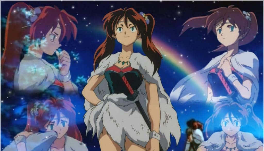 Inuyasha Ayame 桌布 壁紙 — 動漫女孩，棕色頭髮，綠色眼睛，穿著白色毛皮服裝，自信地站在星空夜空下，有彩虹和漂浮的幽靈人物。