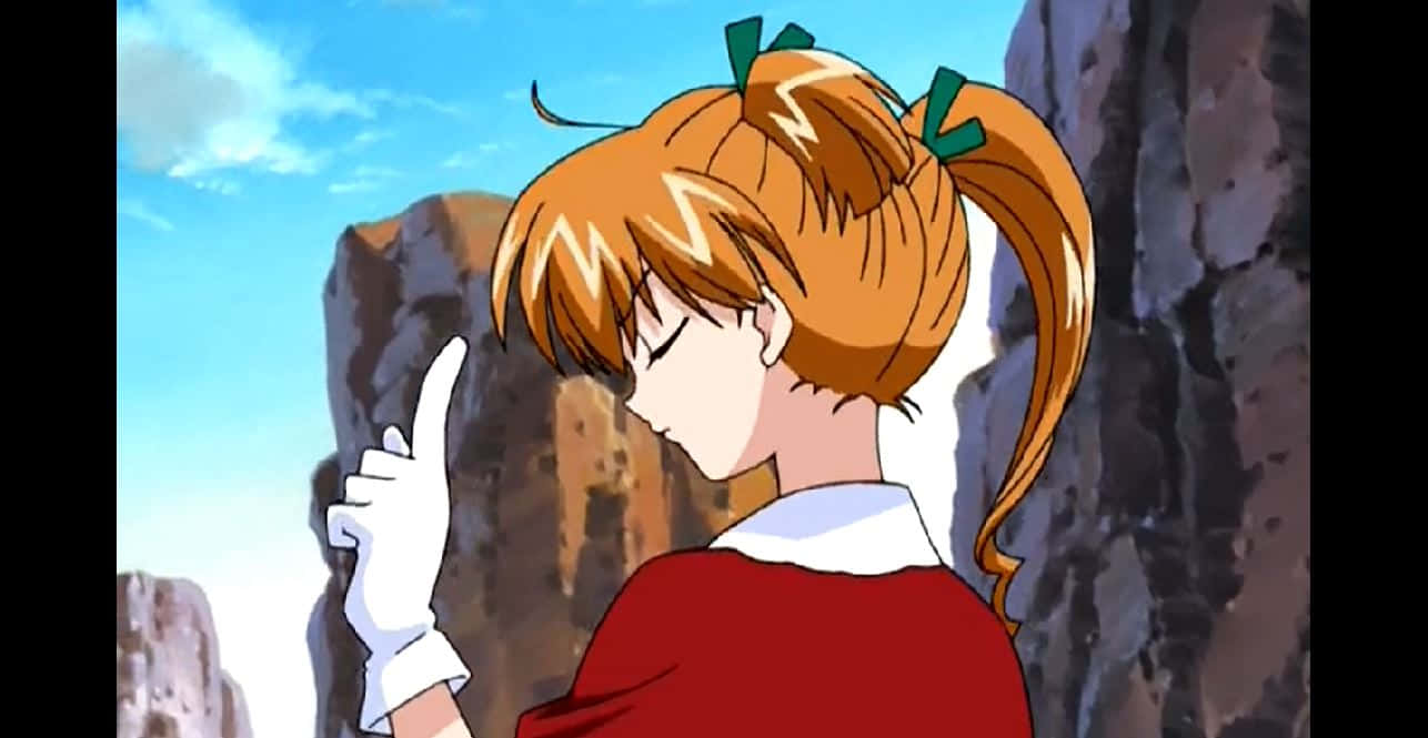 Biscuit Krueger 桌布 壁紙 — 動漫女孩，橙色雙馬尾，紅色上衣，站在岩石峽谷中，天空湛藍，白雲朵朵。