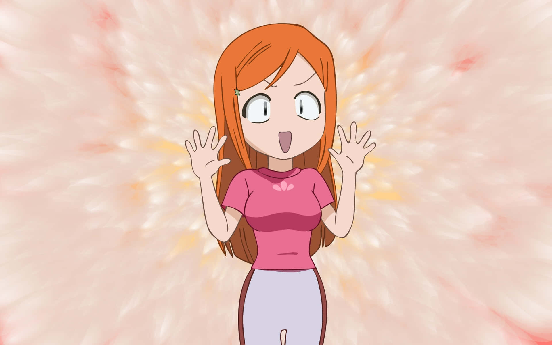Orihime Inoue 桌布 壁紙 — 動漫女孩，橙色頭髮，粉色襯衫，雙手舉起，驚訝地站在發光的粉黃色背景前。