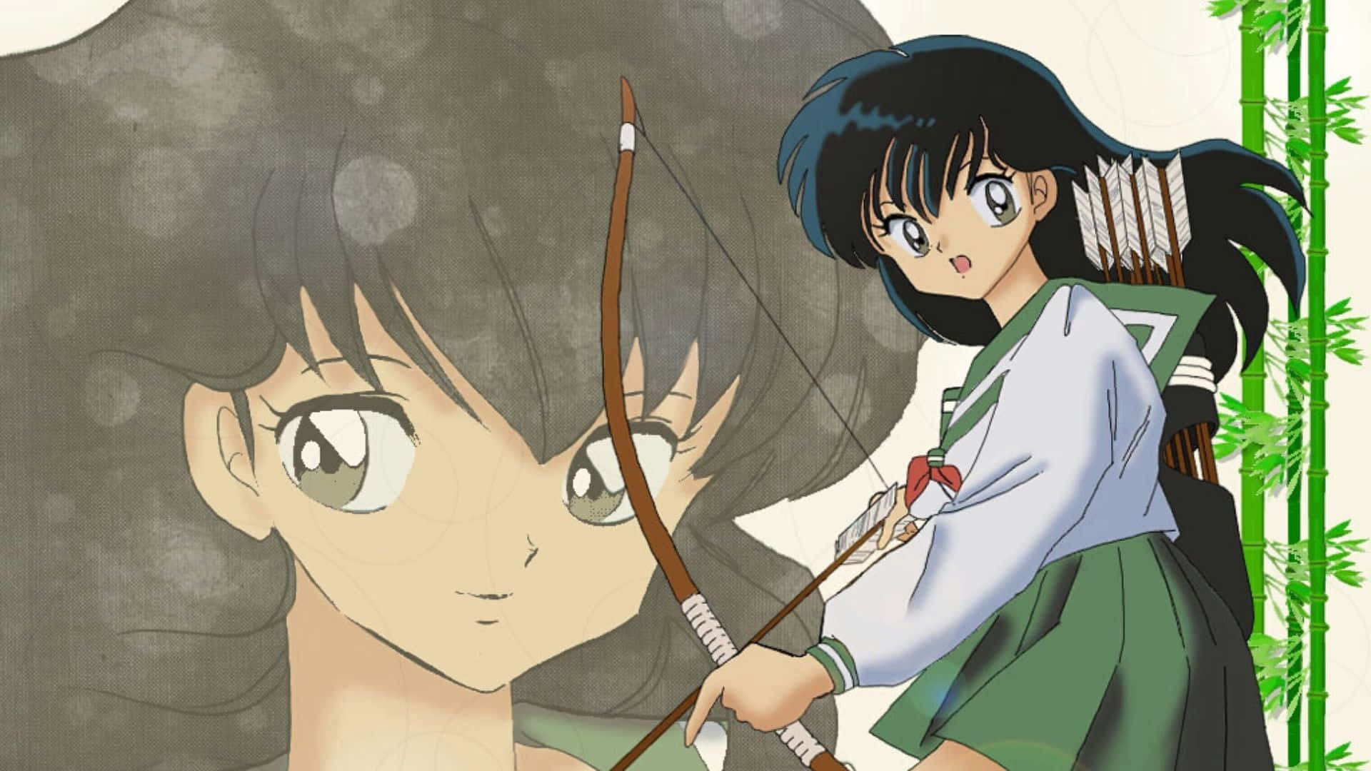 Kagome Higurashi 桌布 壁紙 — 動漫女孩，深色頭髮，綠色眼睛，在竹子旁邊拉弓，身旁有一個巨大的陰影人物。