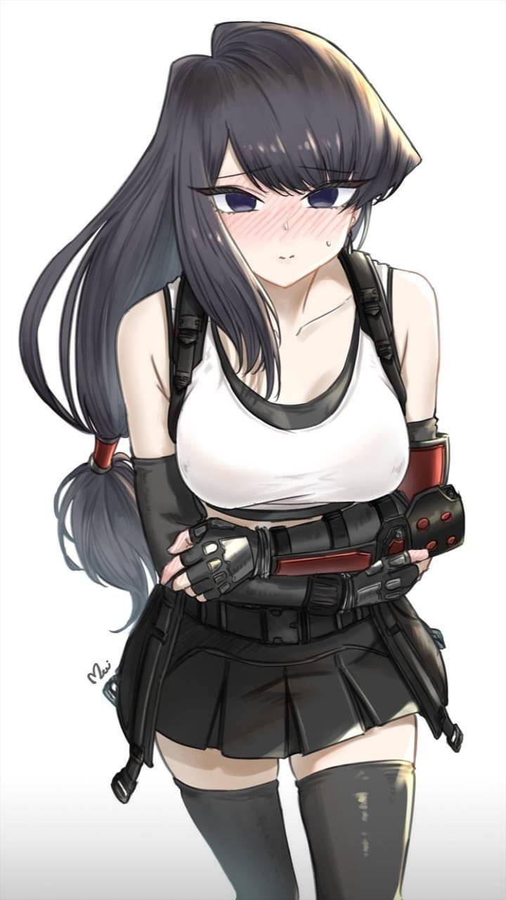 cosplay 桌布 壁紙 — 動漫女孩，深色頭髮，臉頰泛紅，穿著戰術裝備，在純白色背景前手持武器。