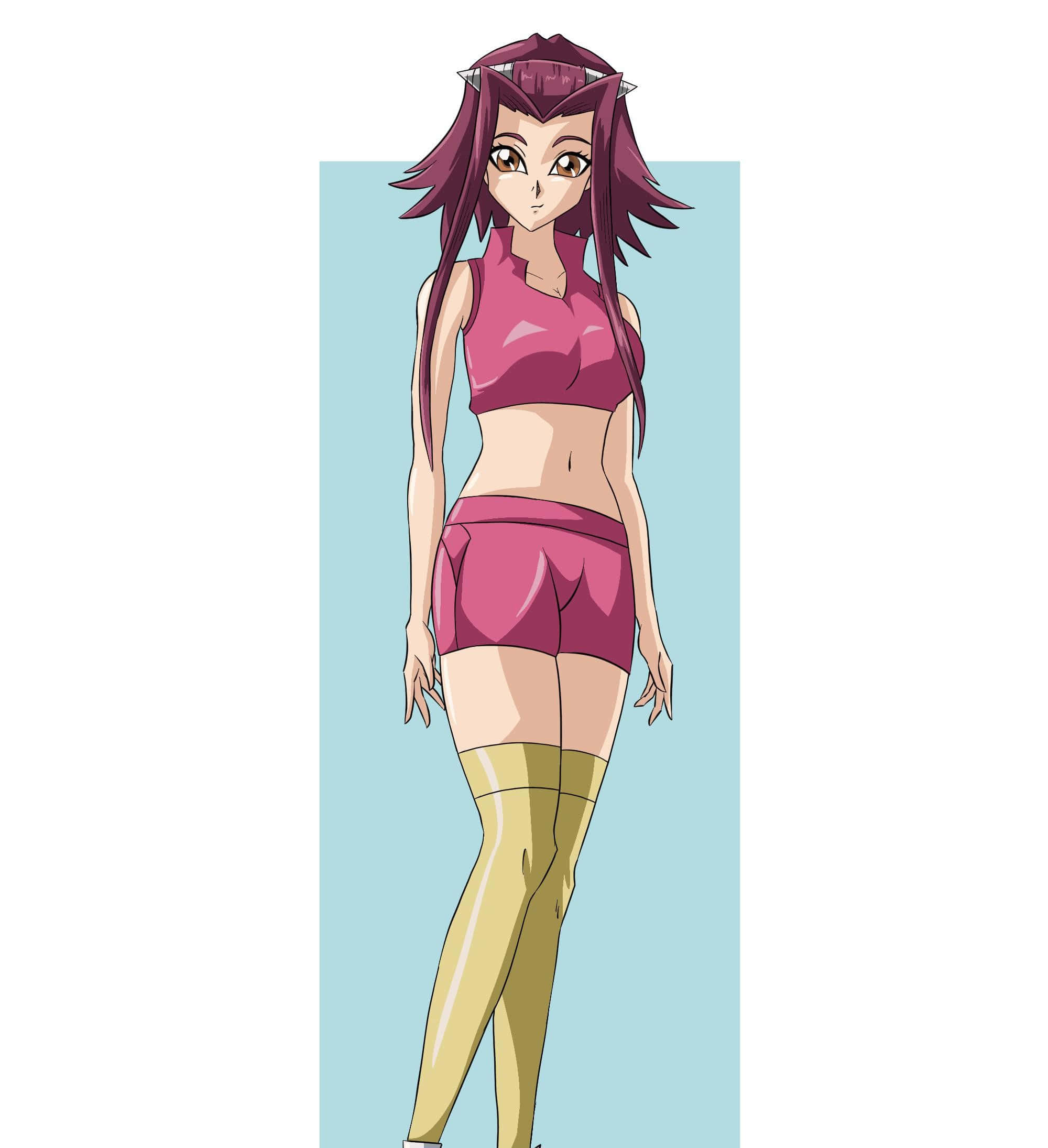 Akiza Izinski 桌布 壁紙 — 動漫女孩，紫色尖刺頭髮，粉紅色服裝，自信地站在淺藍色背景前。