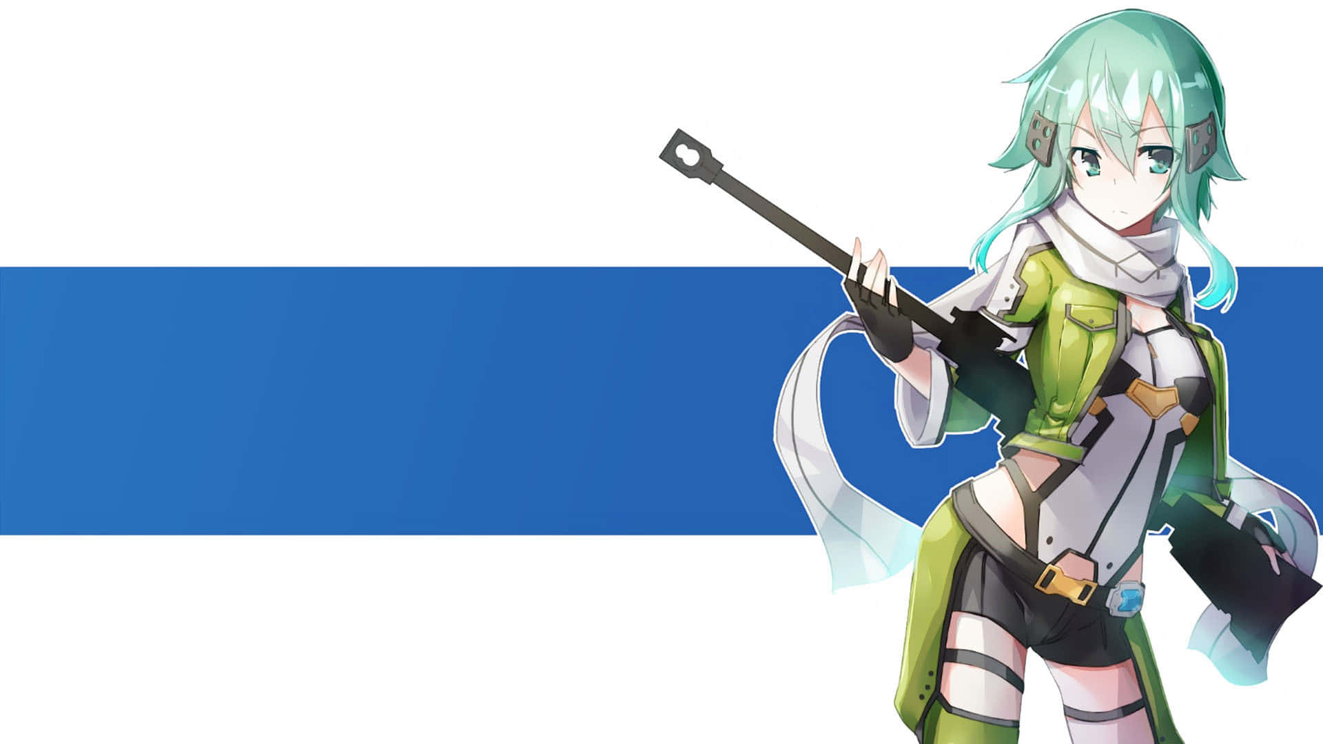 Shino Asada 桌布 壁紙 — 動漫女孩，藍綠色頭髮，綠色服裝，在藍白背景前持步槍。