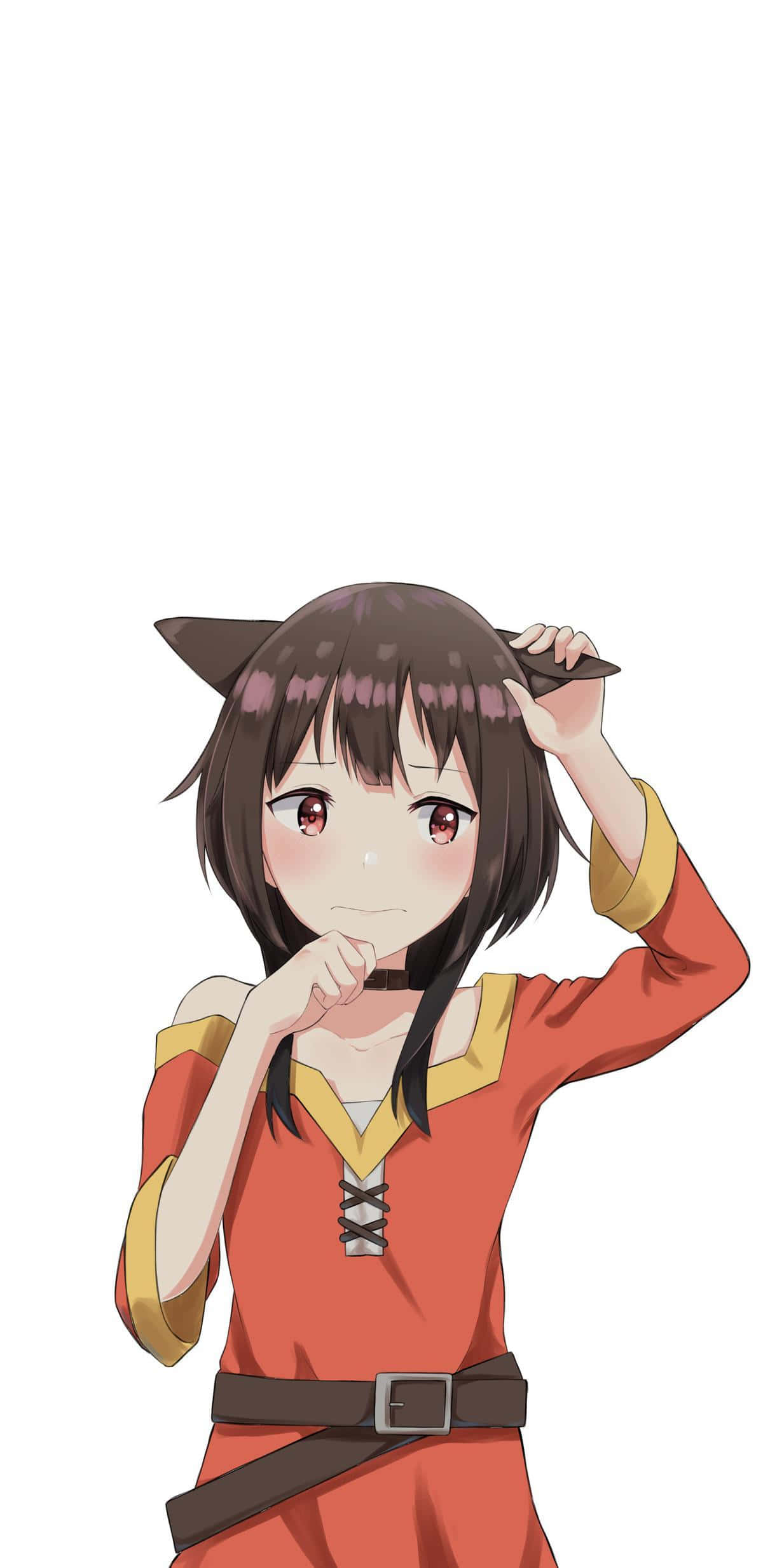 neko 桌布 壁紙 — 動漫女孩，貓耳，棕色頭髮，紅色服裝，在白色背景前頑皮地調整耳朵。