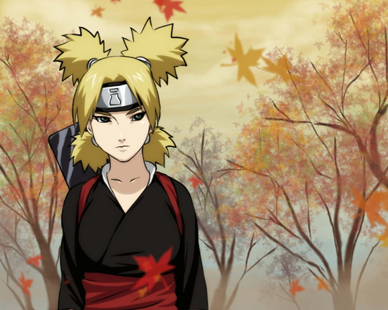 Temari 桌布 壁紙 — 動漫女孩，金色尖刺頭髮，戴頭帶，站在秋天的森林裏，楓葉飄落。