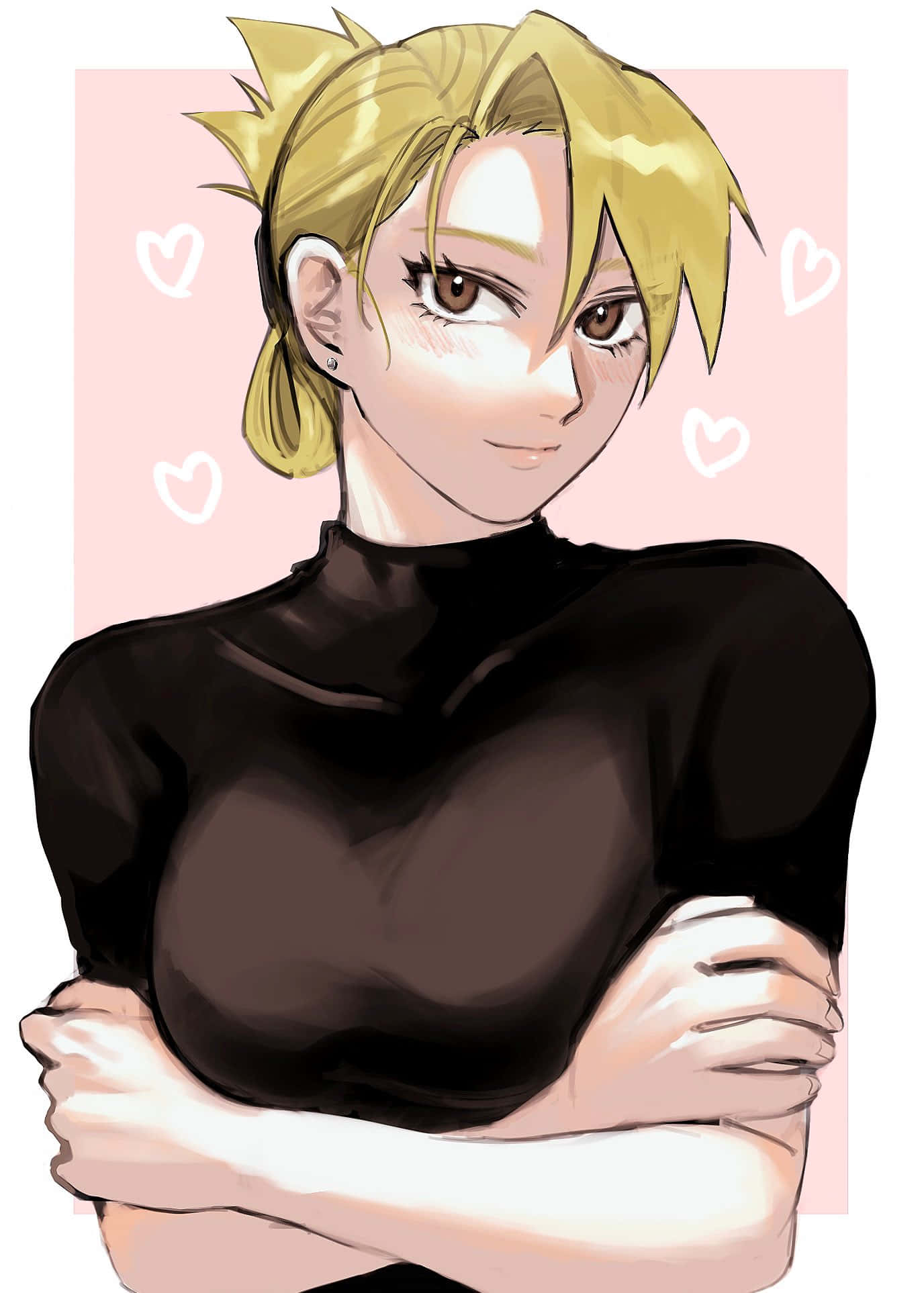 Riza Hawkeye 桌布 壁紙 — 動漫女孩，金色尖刺頭髮，棕色眼睛，交叉雙臂，在粉紅色背景上自信微笑，周圍有白色心形。