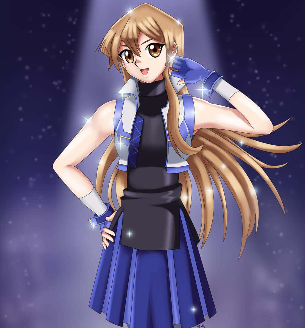 Alexis Rhodes 桌布 壁紙 — 動漫女孩，金色長髮，藍色服裝，在星光紫色聚光燈下自信擺姿勢。